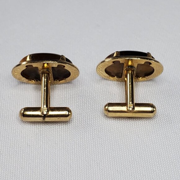 Vintage Gold-Tone Oval Tiger Eye Gemstone Cufflinks For Men - Picture 7 of 15